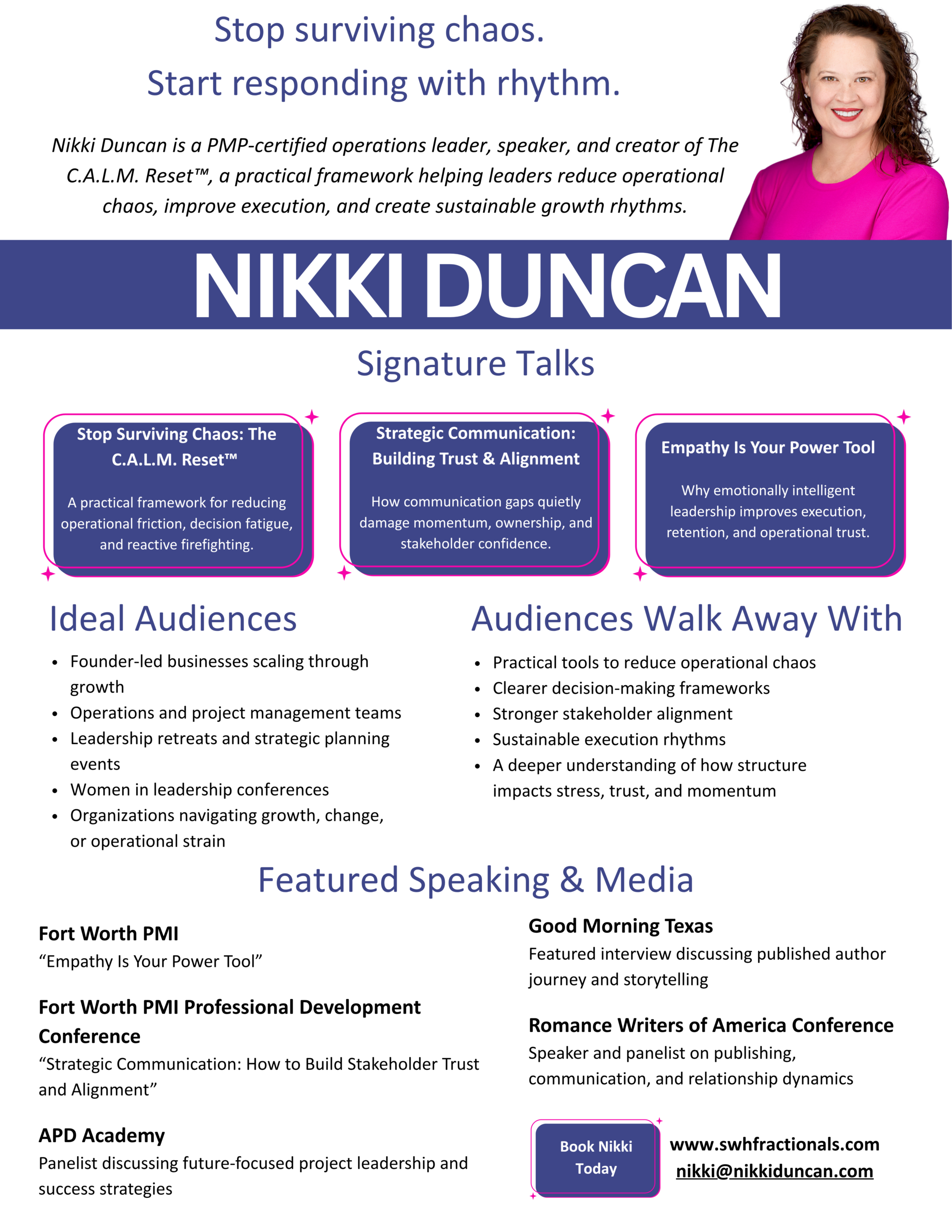 Navy Simple Modern Business Creative Sell Sheet (3) A speaker sheet that includes a picture of Nikki in the top right corner smiling and wearing a neon pink shirt while her curly brown hair is falling behind her shoulders. Blue boxes centered near the top of the page line out some of the top topics nikki speaks on. Below are highlights of where she has spoken, ideal audiences, and what those audiences walk away with.